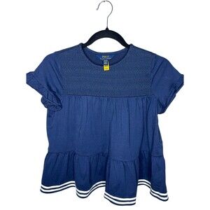 Polo Ralph Lauren Girl's Rustic Navy Smocked Tiered Jersey Top Size M/8-10
